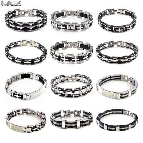 40 Style Men's Stainless Steel Link Chain Bracelets & Bangles Rubber Wristband Men Bicycle Motorcycle Black Silicone Bracelet ► Photo 1/6
