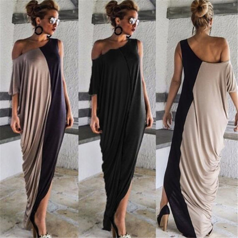 2022 Splice Contrast Panel Women Dress Summer Casual Loose Off Shoulder Short Sleeve Ladies Irregular Maxi Long Dress Vestidos ► Photo 1/6