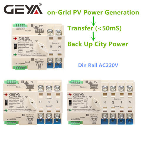 GEYA on-Grid Solar Power Automatic Transfer Switch Din Rail 2P 3P 4P 63A 100A AC220V ATS PV System Power to City Power ► Photo 1/6