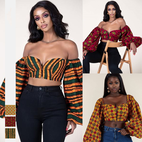 Sexy Shoulder Off Tops  2022 News Ladies Fashion Dashiki Print V-neck Lantern Sleeve Zipped Shirts African Dresses for Women ► Photo 1/6