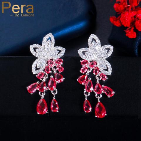 Pera Unique Ruby Red Cubic Zirconia 925 Silver Waterdrop CZ Tassel Dangling Drop Earring for Best Friend Party Jewelry Gift E632 ► Photo 1/6