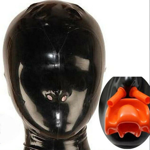 Latex Hood with Red Teeth Gag and Nasal Tubes Back Zipper Rubber Fetish Mask adult games bdsm sex bdsm mask adult games  fetish ► Photo 1/2