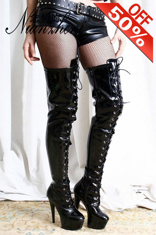 Gladiator Womens Sexy Shoes 6 Inch High Heels Heels Lace Up Knee High Boots 15CM Black Zapatilla Mujer Waterproof Black Punk ► Photo 1/6