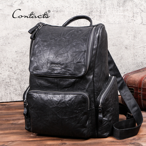 CONTACT'S New Men Travel Backpack Full-grain Cow Leather 15 inch Laptop Backpacks Casual Male Mochila Large Capacity Men's Bag ► Photo 1/6