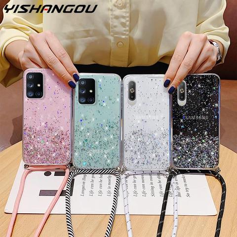 With Neck Strap Rope Cord Clear Glitter Case For Samsung Galaxy A51 A50 A71 5G A70 S20 FE Ultra S10Plus A21S M31 A11 A31 M11 A41 ► Photo 1/6