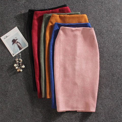 2022 Women Skirts Suede Split Thick Stretchy Skirt Female Pencil Skirts Plus Size Jupe Femme Faldas Mujer ► Photo 1/6