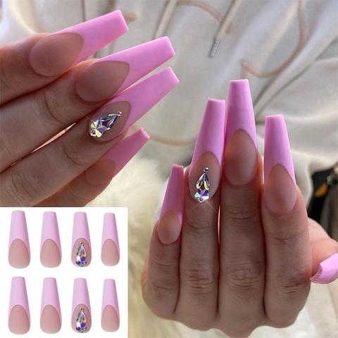 Fashion Rhinestones Pink Fake Nails French Long Coffin Full Cover Press On  Nails