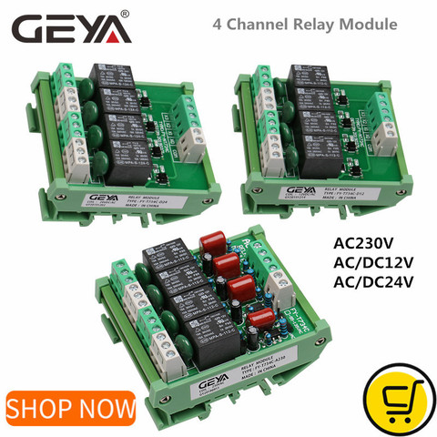 GEYA 4 Channel Relay Module 1 SPDT DIN Rail Mount 12V 24V DC/AC Interface Relay Module 230VAC ► Photo 1/6