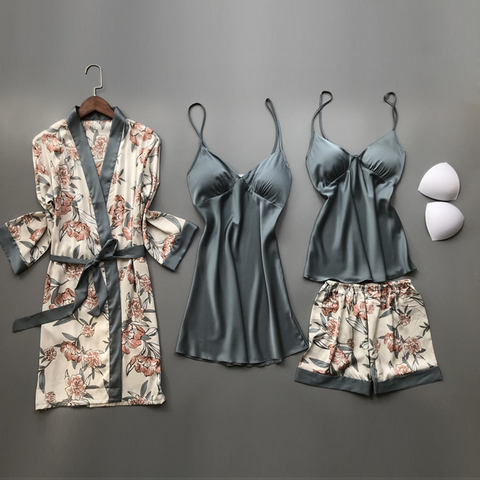 QWEEK Home Suit Silk Pajamas for Women Floral Lounge Wear Pijama Summer Pyjamas Satin Sleepwear V-Neck  2 Piece Sets ► Photo 1/6