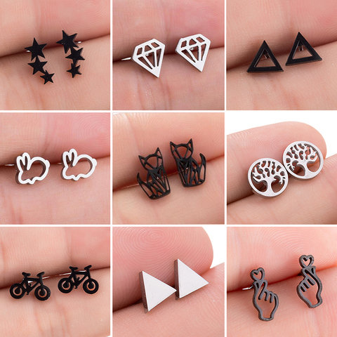 Stainless Steel Geometric Stud Earrings for Women Punk Black Star Earings Small Tree of Life Ear Piercing Jewelry Pendients ► Photo 1/6