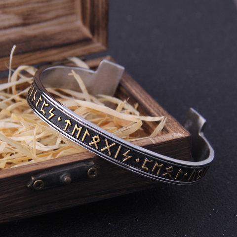 1pc Stainless Steel Men's Handmade Nordic Rune Bangle Viking Never Fade with wooden box as gift ► Photo 1/6