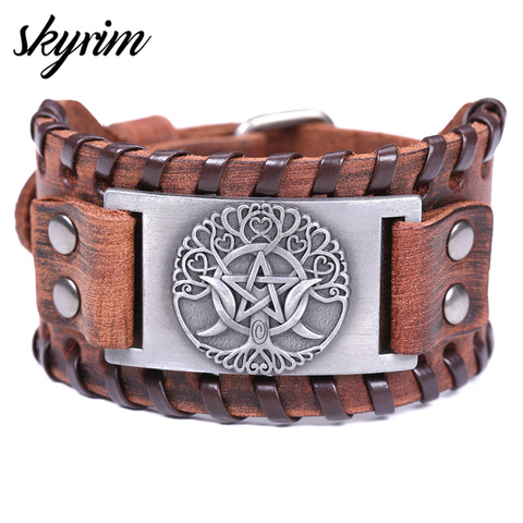 Skyrim Viking Tree of Life Genuine Leather Bracelet Vintage Nordic Amulet  Triple Moon Star Goddess Charm Bracelet Wicca Jewelry ► Photo 1/6