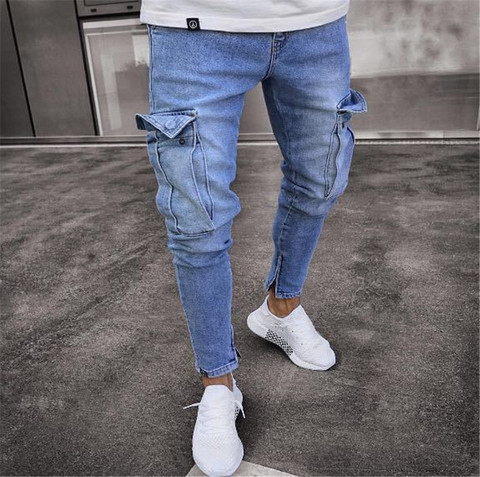 Light Blue Skinny Jeans Men, Men's Elastic Jeans Pants