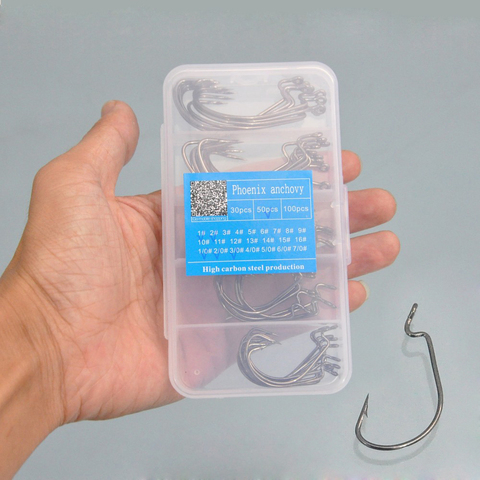50pcs/Box Wide Crank Fishing Hooks Carbon Steel Offset Fishhook Carp Fishing Bass Barbed  Hook 6#-5/0# For Soft Worm Lure ► Photo 1/6