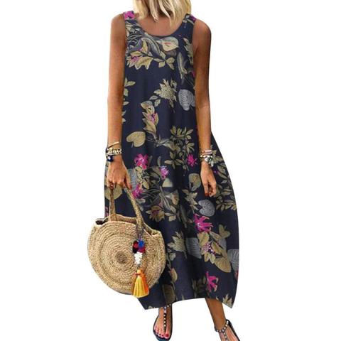 Spring Summer Dress Vestidos Women Vintage Sleeveless O Neck Leaves Floral Print Cotton Linen Long Baggy Dress ► Photo 1/1