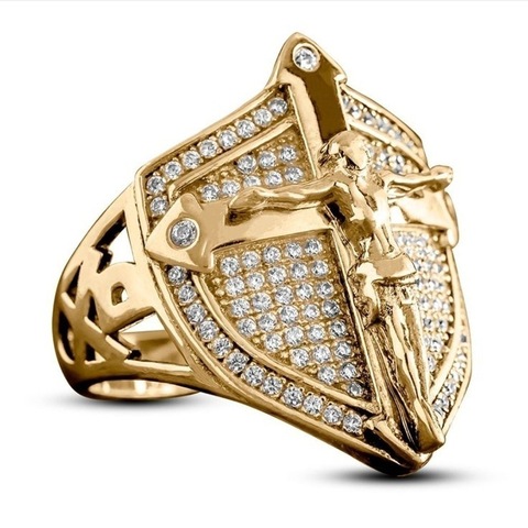 Luxury Gold Christian Savior Jesus Cross Zircon Men Ring Motorcycle Party Hip Hop Shield Anniversary Stainless Steel Jewelry ► Photo 1/4