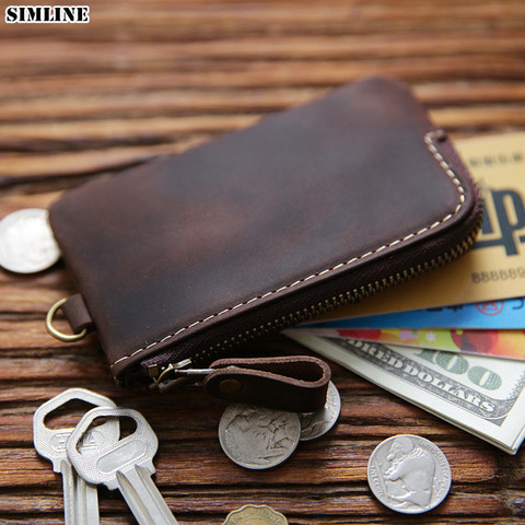 SIMLINE Genuine Leather Key Wallet For Men Male Real Cowhide Vintage Handmade Small Key Bag Case Holder Organizer Housekeeper ► Photo 1/6