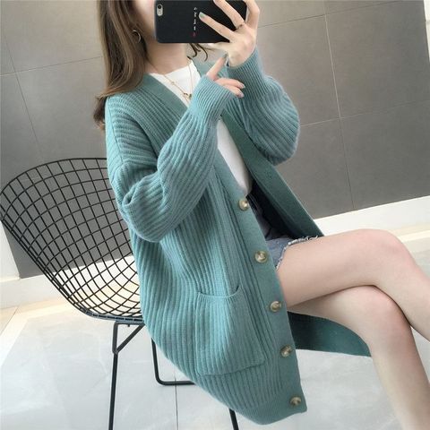 Ladies Knitted V-neck Cardigan Mid-length Casual Loose Single-breasted Coat Jacket Female Thick Outwear Women's Autumn Winter ► Photo 1/6