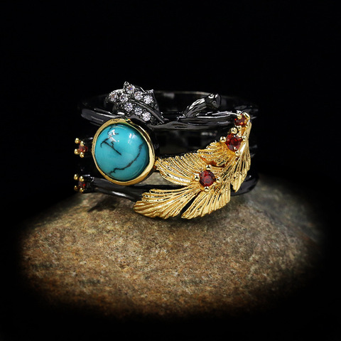 CIZEVA Bohemia Vintage Jewelry Handmade Leaf  Turquoise Two Tone Black Gold Filled Ring Women's Luxury Wedding Band Rings ► Photo 1/5