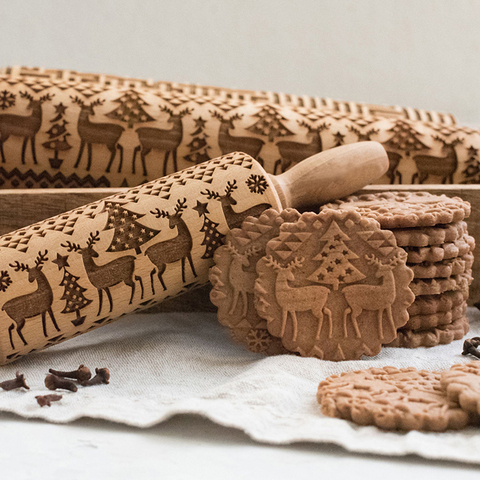 Christmas Embossing Rolling Pins With Patterns Wooden Roller Baking Embossed Cookies kitchen tools elk Snowflak ► Photo 1/6