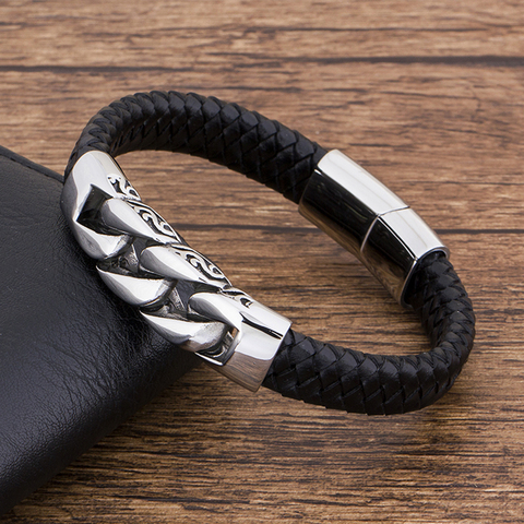 Charm Genuine Leather  Black Stainless Steel Magnetic hk Bracelet Men  Birthday Gift For  boy friend ► Photo 1/4