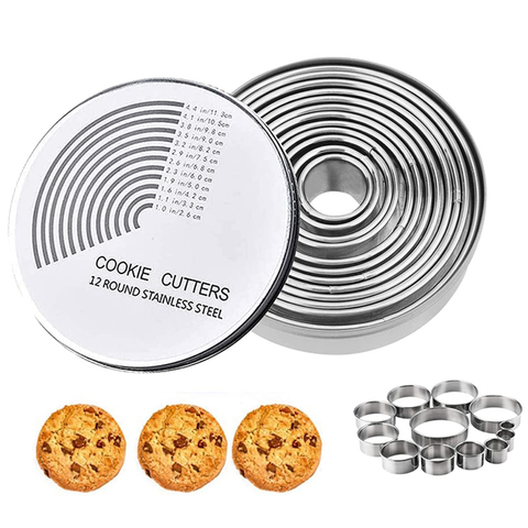 12-Piece 304 Stainless Steel Cookie Biscuit Cutter Set, Round Pastry Donut Doughnut Cutter Mold Rings Set Baking Tools ► Photo 1/6