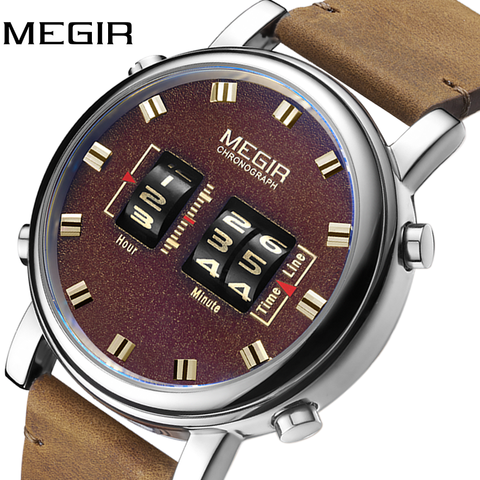 MEGIR 2022 New Top Band Watches Men Military Sport Brown Leather Quartz Wrist Watch Luxury Drum Roller relogio masculino 2137 ► Photo 1/1
