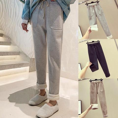 Women Autumn Drawstring High Waist Faux Fleece Pants Pockets Thick Warm Trousers ► Photo 1/6