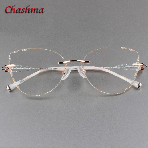 Chashma Cat Eye  Titanium Prescrpiton Glasses Diamond Women Rimless Optical Frames Tint Colored Lenses ► Photo 1/6