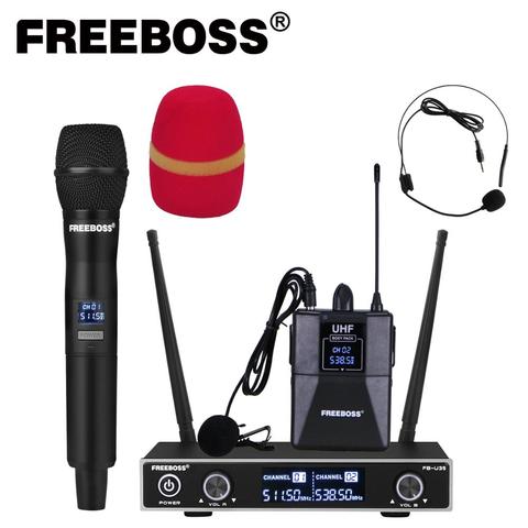 Freeboss FB-U35H Dual Way UHF Fixed Frequency Wireless Microphone System with Handheld + Lapel + Headset for Karaoke Microphone ► Photo 1/6