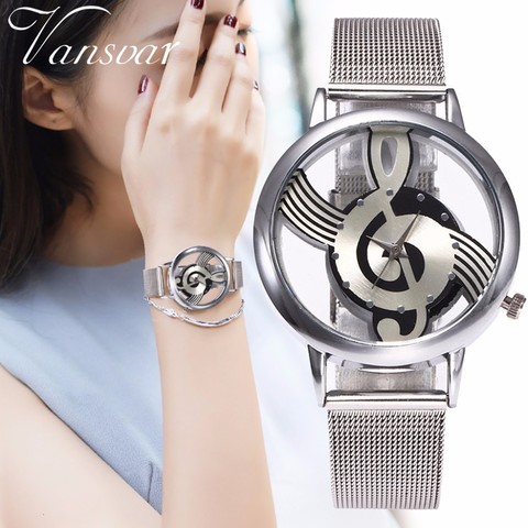 Women Hollow Music Note Notation Watch Fashion Luxury Ladies Silver Mesh Belt Quartz Watches Gift Clock Zegarek Damski ► Photo 1/6