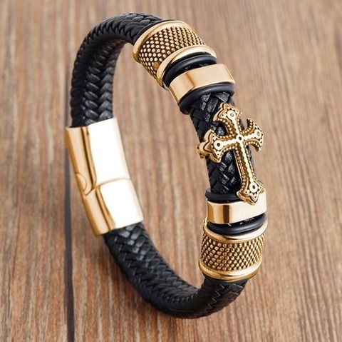 Retro Punk Religious Style Leather Woven Cross High Quality Metal Leather Bracelet for Men and Women ► Photo 1/6