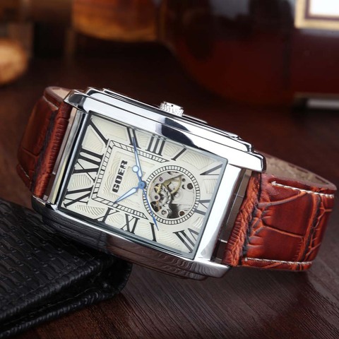 GOER Fashion Rectangle Watch Men Skeleton Watches Automatic Self-wind Mechanical Wristwatches Man Watch Clock Relogio Masculino ► Photo 1/6