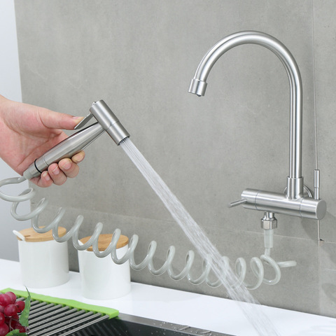 304 Stainless Steel Kitchen Faucet Balcony Laundry Pool Mop Pool Wall Mounted Single Cold Water Tap Spray Gun Bidet ► Photo 1/6