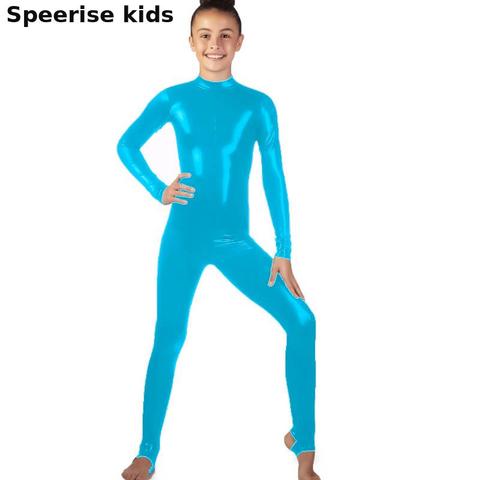 Speerise Kids Shiny Spandex Bodysuit Stirrup Second Skin Metallic Lycra Catsuit Zentai Unitard Long Sleeve Gymnastics Sportswear ► Photo 1/6