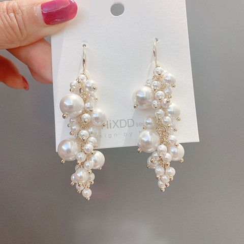 2022 Korean New Manual Beaded Big Small Simulated Pearl Grape Shape Long Drop Dangle Earrings For Women Fashion Ear Accessories ► Photo 1/3