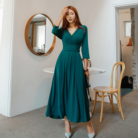 V-Neck Basic Long Midi Dress Women Long Sleeve Bow Belt Spring Party Dress A-Line Elegant Office Dress Lady Elegant Vintage B337 ► Photo 1/6