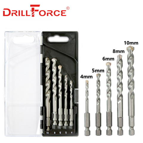 Drillforce Masonry Drill Bits Tungsten Carbide Tipped Concrete Brick Stone Drilling Set Size 4/5/6/8/10mm Quick Change Hex Shank ► Photo 1/4