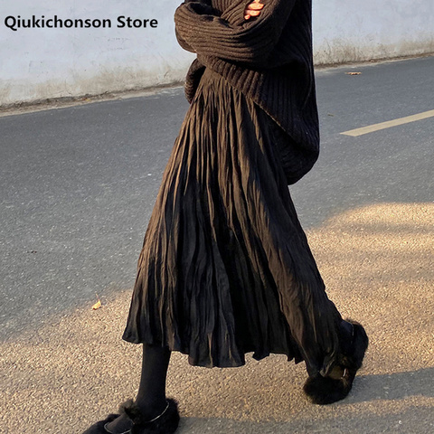 2022 Autumn Winter Wrinkled Black Pleated Skirt Women Korean Style Casual High Waisted A-Line Long Skirts Midi falda plisada ► Photo 1/6
