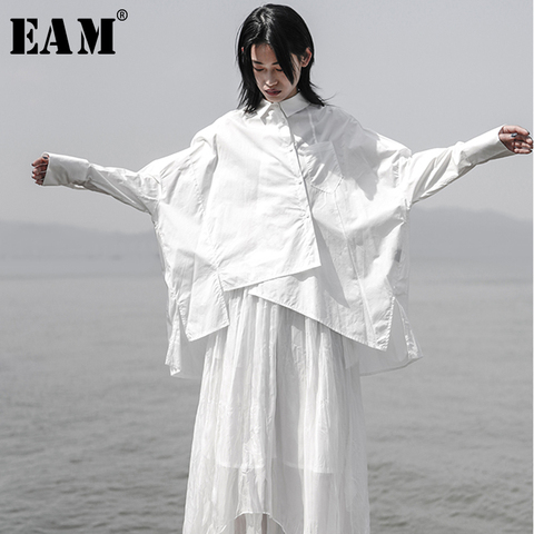 [EAM] 2022 New Spring Autumn Lapel Long Sleeve White Loose Oversize Irregular Loose Shirt Women Blouse Fashion Tide JS921 ► Photo 1/6