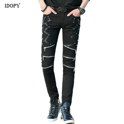 Idopy Fashion Slim Fit Pants Punk Style Black Patchwork Leather Zippers Dance Night Club Gothic Cool Jeans Trousers For Men ► Photo 1/6