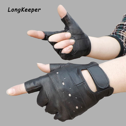 Longkeeper Men Genuine Leather Gloves Sport Driving Slip-resistant Luvas Half Finger Sheep Leather Fingerless Gym Fitness Gloves ► Photo 1/6