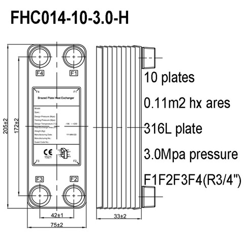 10 Plates Brazed Plate Heat Exchanger, 0.11m2 Heat Transfer Areas, Stainless Steel Heat Exchanger with R3/4