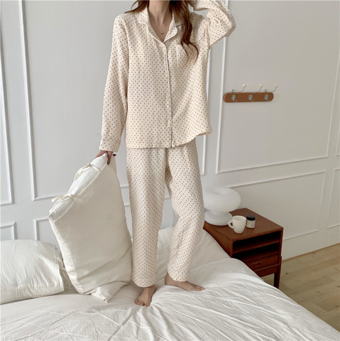 polka dot cotton linen pajamas set women sleepwear home suit lapel collar shirts pants 2 piece set homewear soft lounge Y218 ► Photo 1/6