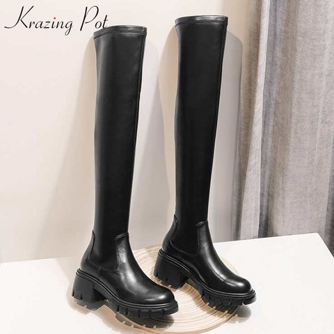 krazing pot simple style popular cow leathe stretch boots round toe high heels winter women keep warm solid thigh high boots L10 ► Photo 1/6