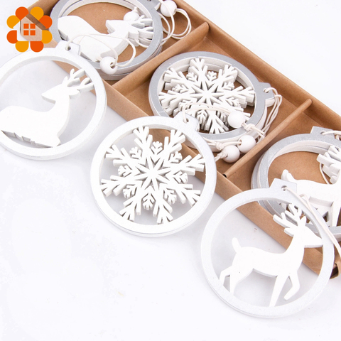 3PCS/lot Silver White Deer Snowflake Wooden Christmas Pendants Decorations DIY Wood Crafts XMAS Ornaments Festival Party Decor ► Photo 1/6