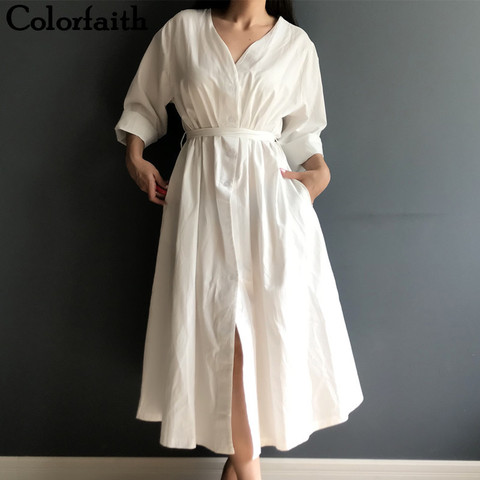Colorfaith New 2022 Women Dresses Spring Summer Cotton and Linen Elegant Pleated Long White Dresses V Neck Lace Up Bow DR1086 ► Photo 1/6
