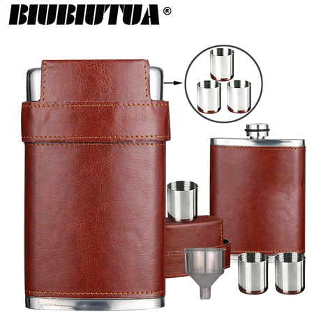 BIUBIUTUA 8oz Outdoor Portable Flask Mini Stainless Steel Hip Flasks Lid With 3 Cups Leather Covered Flagon Flask For Alcohol ► Photo 1/1