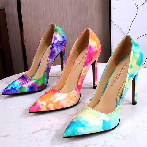 Fashion High Heels Colorful Graffiti PU Leather Women Shoes Pumps Pointed Toe Stiletto Heel 11cm Size46 Female Shoes Party Daily ► Photo 1/6