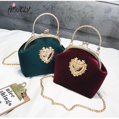 2022 Female Velvet Pearl Handbag Vintage Velour Heart Design Evening Bag Wedding Party Bride Clutch Velour Badge Bag Purse Q3 ► Photo 1/6